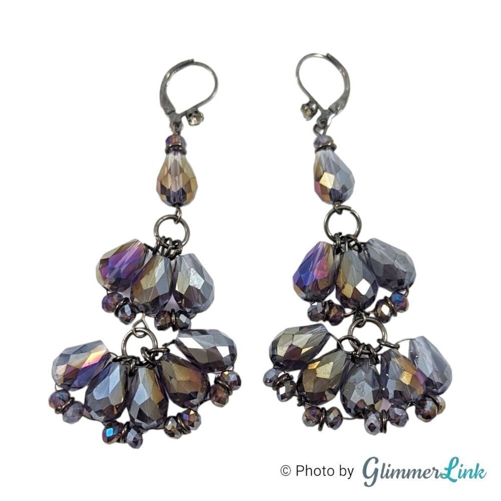 Iridescent Purple Crystal Tiered Long Dangle Pierced Earrings